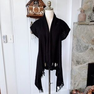 Short Sleeve Black Knit Fringe Shawl Sweater
